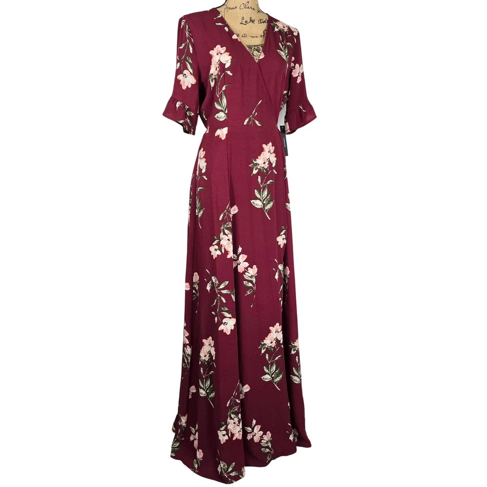 Lulus Maxi Dress Womens M Burgundy Floral Wrap V Neck Flutter Sleeve NWT Wine